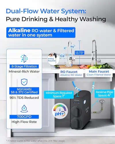Alkaline reverse osmosis system dual-flow diagram showing filtration and remineralization stages